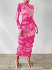 SHEIN Privé 女士打結染色側摺包身連衣裙 - 粉色 - 查看 4