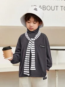 SHEIN Meninos Em Idade Pré-escolar Pulôver Casual De Gola Alta De Malha Solta Com Etiqueta Tecida, Conjunto De Cachecol Listrado