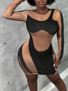 Slaydiva Color Block Bodycon Dress - Black - View 5