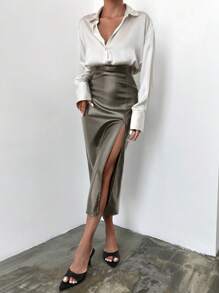 EURMUSE Solid Color High Split Women's Skirt - Dark Green - View 5