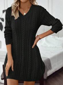 SHEIN Essnce 女款純色v領絞花針織休閒毛衣連身裙 - 黑色 - 查看 6