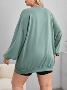 SHEIN EZwear 大碼日月圖案落肩袖運動衫 - 軍綠色 - 查看 2