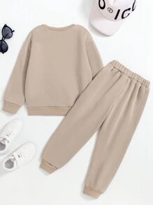 SHEIN Genkimix Kids 年轻女孩休闲两件套，杏色运动衫和运动裤，秋季/春季