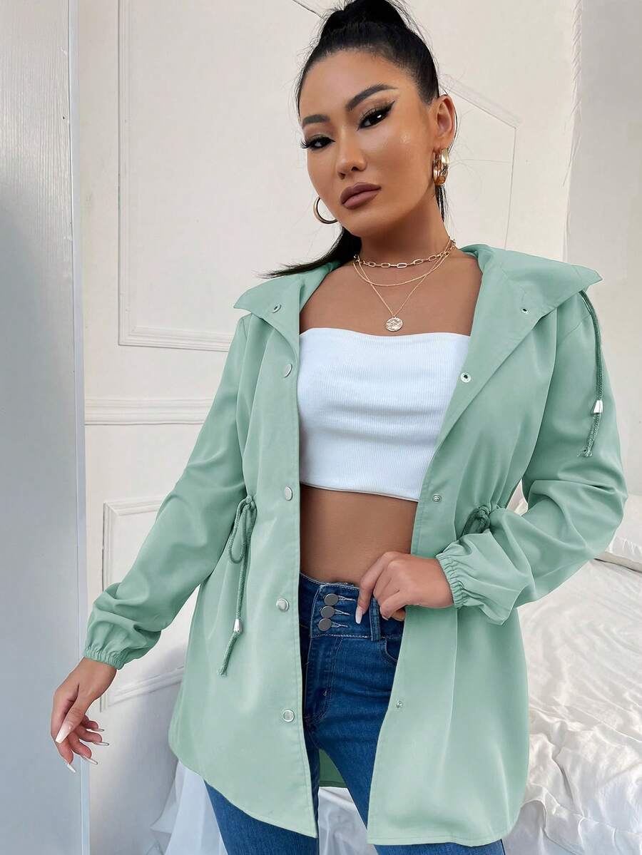 EURMUSE Hooded Drawstring Single-breasted Jacket - Green - View 1
