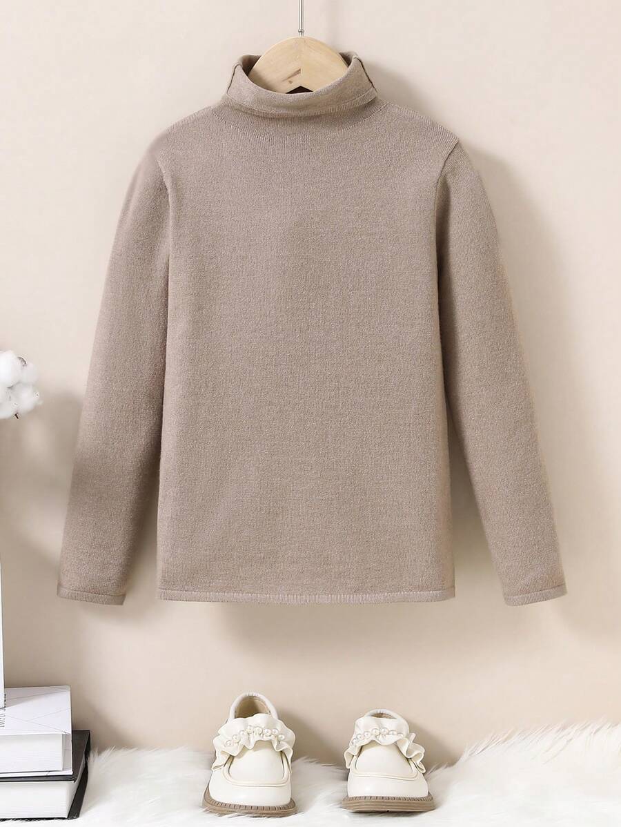 SHEIN Girls High Neck Pullover Knitted Sweater - Khaki - View 1