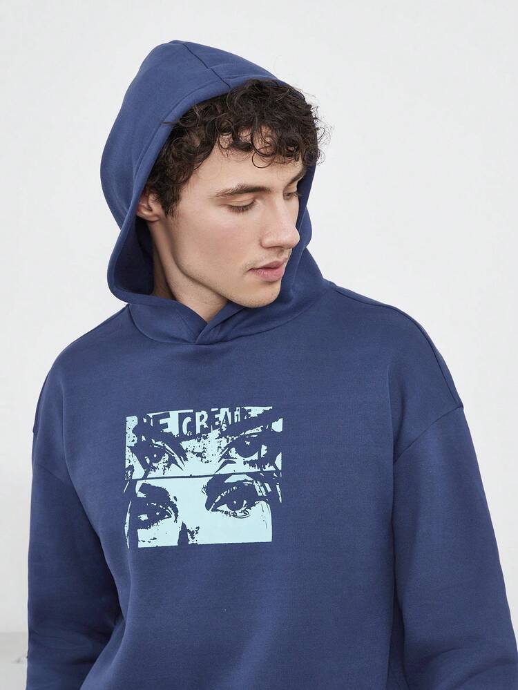 1set Men's Hooded Character Printed Sweatshirt And Pants Set, For Fall Winter