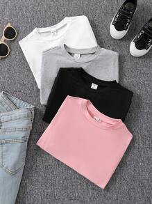 SHEIN Vintaside Kids 4pcs Girls Short Sleeve T-Shirt Value Pack, Multiple Colors, Classic Crew Neck Style, Soft & Skin-Friendly, Suitable For Daily Wear - Multicolor - View 7