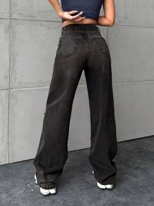 RueChic Jeans De Cintura Alta Lavados Com Buracos Desfiados - Preto - Ver 2