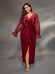 Váy nhung bất đối xứng cổ chữ V xếp nếp thắt nút xoắn cỡ lớn cho nữ - Đỏ - Xem 1
