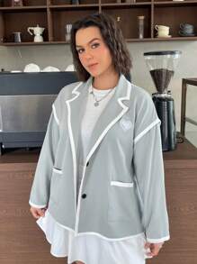 SHEIN EZwear Women's Plus Size Asymmetrical Collar Contrast Trim Blazer - Light Grey - View 7