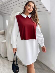 SHEIN Essnce 女裝加大號拼接色塊立領裙 - 紅白色 - 查看 1