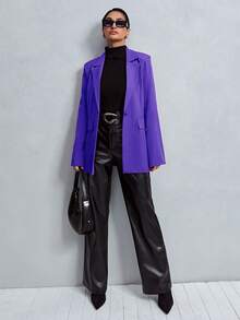 EURMUSE Women's Lapel Collar Long Sleeves Solid Color Blazer With Waist Buttons And Open Pockets - Purple - View 3