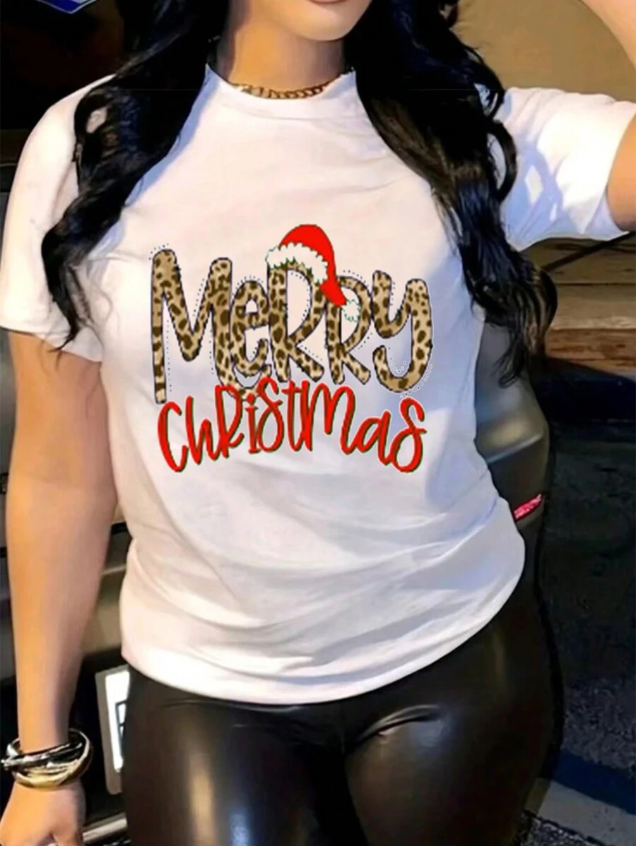 SHEIN Slayr Áo thun in họa tiết hình báo gêpa giáng sinh dành cho nữ - trắng - Xem 1
