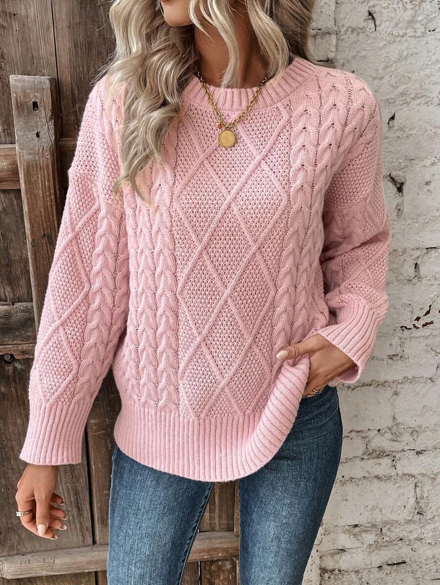 SHEIN Frenchy Màu hồng Cable Áo len dệt kim - Hồng - Xem 1