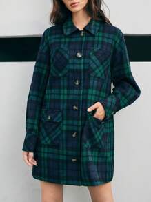 Anewsta 女士格紋襯衫風呢大衣 - 綠色 - 查看 6