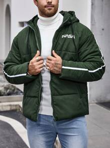 Manfinity Homme Abrigo Acolchado Con Capucha Suelto De Talla Grande Para Hombres Con Diseño De Letras Y Dobladillo Ajustable - Verde Oscuro - Ver 8