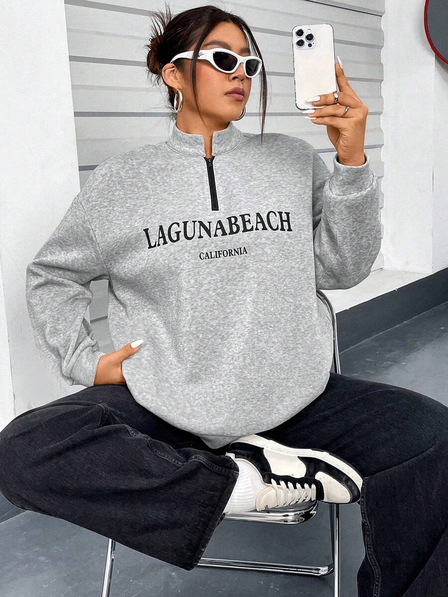 Flirla Sudadera Con Hombros Caídos Y Estampado De Letras De Talla Grande - Gris - Ver 1