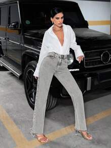 EURMUSE 直筒水洗牛仔裤 - 淺灰色 - 查看 5