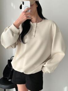 Dazy Star Women's Half Button Drop Shoulder Sweatshirt - Apricot - View 6