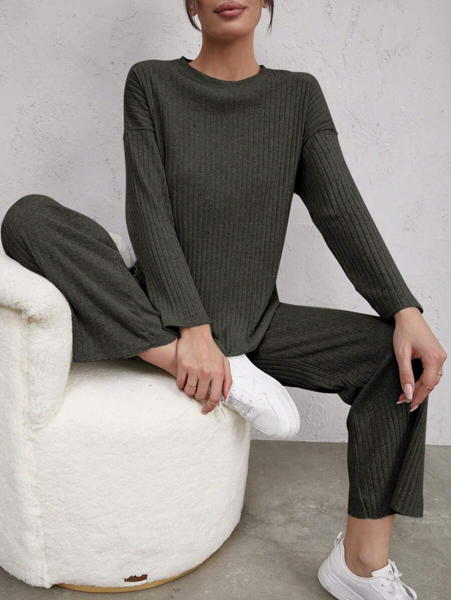 Cloudara Drop Shoulder Split Hem Tee & Trousers - Green - View 1