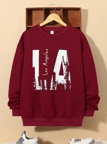 SHEIN Thiếu niên Con trai Lỏng lẻo Phù hợp In thư Vòng cổ Áo nỉ - Màu Đỏ Sâu - Xem 1