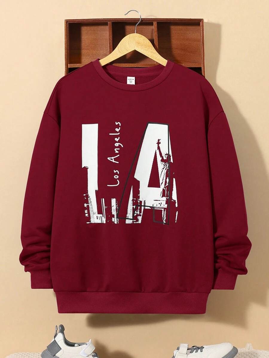 SHEIN Thiếu niên Con trai Lỏng lẻo Phù hợp In thư Vòng cổ Áo nỉ - Màu Đỏ Sâu - Xem 1