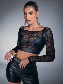 Hauture Twist PU Leather Crop Lace Top - Black - View 3