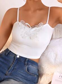 SHEIN Women's Butterfly Applique Basic Tank Top With Adjustable Spaghetti Straps For All Seasons