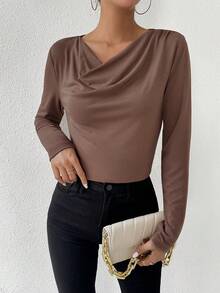 SHEIN Privé Solid Color Draped Collar T-shirt - Coffee Brown - View 6