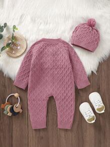 Baby Plain Color Button-Front Jumpsuit (Sweater Type) - Pink - View 2