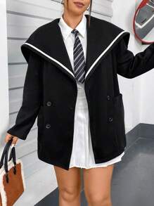 Flirla Của phụ nữ Kích thước lớn Phong cách Cổ áo có khía Đôi ngực Len áo - màu đen - Xem 7