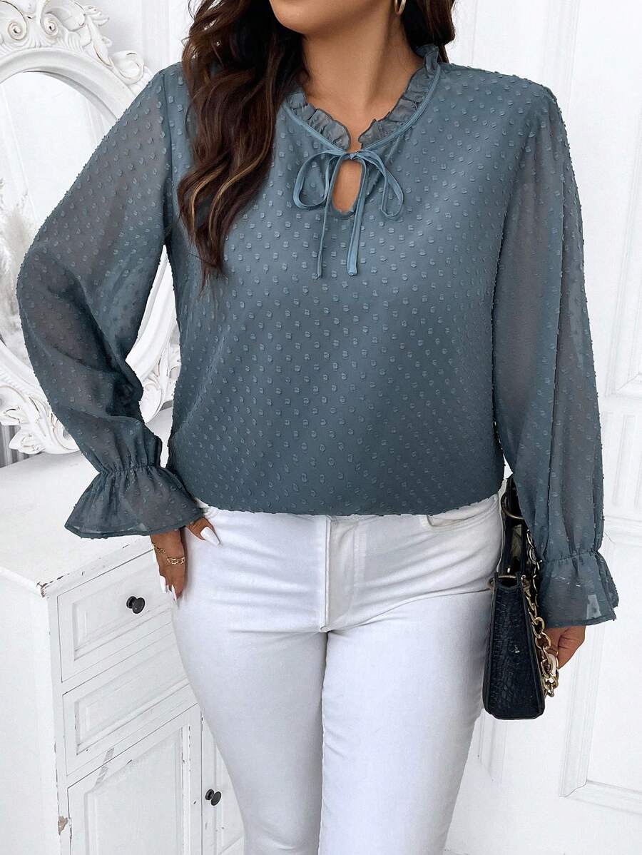 SHEIN Privé Plus Size Women's Tie Neck Ruffle Sleeve Blouse - Blue - View 1