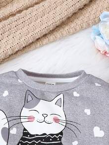 Girls' Heart & Cat Pattern Loose Fit Sweatshirt With Round Neckline - Grey - View 6