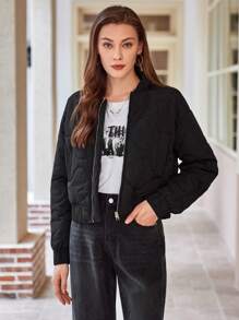 SHEIN Unity Women's Short Padded Padded Coat Clothes Winter With Stitching Detail - Black - View 7