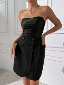 RueChic Women's Solid Black Spliced Strapless Dress - Hitam - View 4