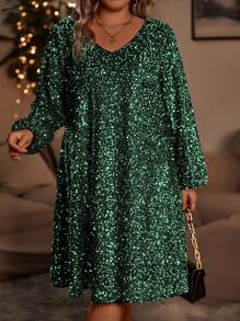 SHEIN Clasi Women's Plus Size Shiny Lantern Sleeve Dress - Green - View 4