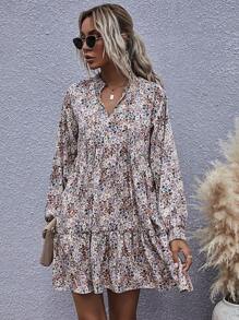 SHEIN LUNE Shirred Tie Neck Ruffle Hem Ditsy Floral Dress - Multicolor - View 4
