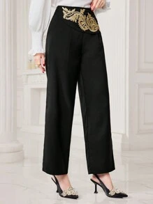 Seusyu Women's Lace Leaf Decorated Long Pants - Black - View 5