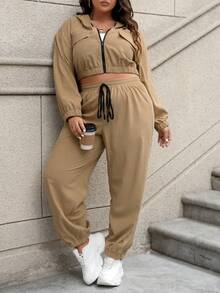 Calvaya Plus Size Zipper Closure Hooded Two Piece Set - Brown - View 3