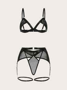 Classic Sexy 網紗拼接女式性感內衣套裝 - 黑色 - 查看 1