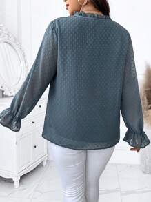 SHEIN Privé Plus Size Women's Tie Neck Ruffle Sleeve Blouse - Blue - View 2