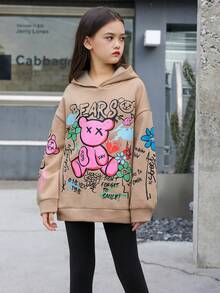 SHEIN Tween Girl Loose Fit Casual Graffiti Print Fleece Sweatshirt And Leggings 2pcs/Set - Apricot - View 6