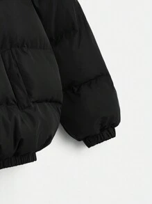 SHEIN EZwear 字母补丁撞色抽绳连帽棉服外套，女士冬季休闲抽绳、补丁、口袋、拉链落肩连帽常规版型黑色拼色，字母女士冬季外套，冬季保暖/冬季时尚 - 黑色 - 查看 4