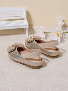 女童秋冬時尚金色透氣平底鞋可愛蝴蝶結公主蝴蝶結綁帶軟底鞋小童 - 金色 - 查看 2