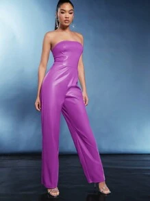 Hauture Solid PU Leather Slant Pocket Fashion Tube Jumpsuit - Purple - View 3