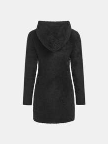 SHEIN Cô gái Dệt kim Màu thuần Sang trọng áo có mũ Áo len Mở Đầm giản dị - màu đen - Xem 2