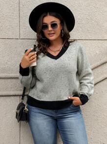 Calvaya Áo len cổ tròn phối màu dành cho nữ cỡ lớn, kiểu dáng dệt kim, thích hợp cho mùa thu đông. - màu đen - Xem 5