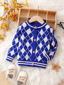 Infant Boys' Diamond Plaid Pattern Cardigan With Round Neckline - Blue - View 1