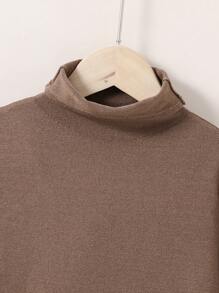 SHEIN Girls' Solid Color Turtleneck Sweater - Coffee Brown - View 3