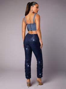 SHEIN BAE Christmas Sequin Stacked Pants - Blue - View 2
